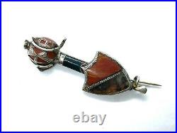 Antique Victorian Sterling Silver Agate Shield Sword Kilt Brooch Lozenge Mark