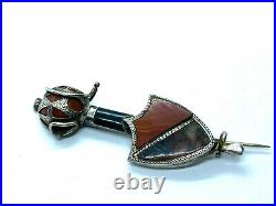 Antique Victorian Sterling Silver Agate Shield Sword Kilt Brooch Lozenge Mark