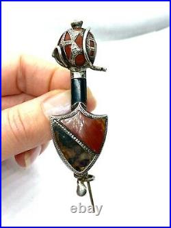 Antique Victorian Sterling Silver Agate Shield Sword Kilt Brooch Lozenge Mark