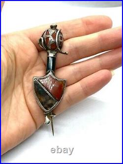 Antique Victorian Sterling Silver Agate Shield Sword Kilt Brooch Lozenge Mark