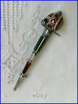 Antique Victorian Sterling Silver Bloodstone Agate Scottish Dirk Kilt Pin Brooch