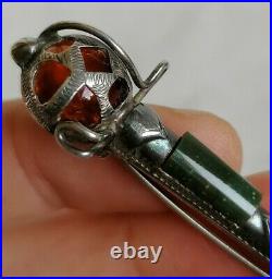 Antique Victorian Sterling Silver Bloodstone Agate Scottish Dirk Kilt Pin Brooch