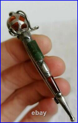 Antique Victorian Sterling Silver Bloodstone Agate Scottish Dirk Kilt Pin Brooch