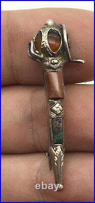 Antique Victorian Sterling Silver Scottish Agate Amber DIRK SWORD Pin / Brooch