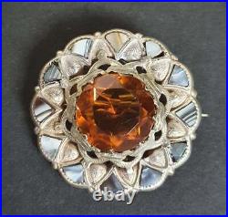 Antique Victorian Sterling Silver Scottish Agate Brooch Citrine Paste