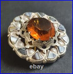 Antique Victorian Sterling Silver Scottish Agate Brooch Citrine Paste