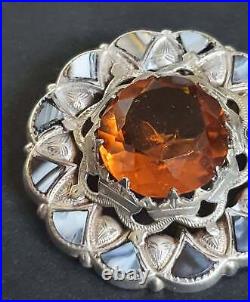 Antique Victorian Sterling Silver Scottish Agate Brooch Citrine Paste