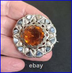 Antique Victorian Sterling Silver Scottish Agate Brooch Citrine Paste