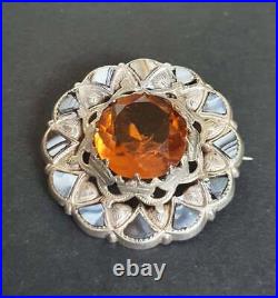 Antique Victorian Sterling Silver Scottish Agate Brooch Citrine Paste