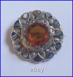 Antique Victorian Sterling Silver Scottish Agate Brooch Citrine Paste