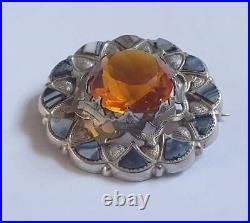 Antique Victorian Sterling Silver Scottish Agate Brooch Citrine Paste