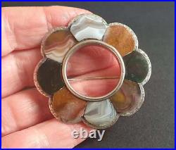 Antique Victorian Sterling Silver Scottish Agate Large Brooch