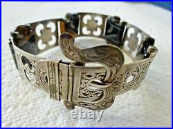 Antique Victorian Sterling Silver Scottish Banded Agate Belt & Buckle Bracelet