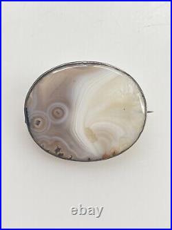 Antique Victorian Sterling Silver Scottish Fossil Agate Large Brooch Pin 1.7