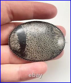 Antique Victorian Sterling Silver Scottish Fossil Agate Large Brooch Pin 2