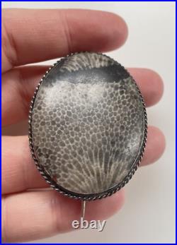 Antique Victorian Sterling Silver Scottish Fossil Agate Large Brooch Pin 2