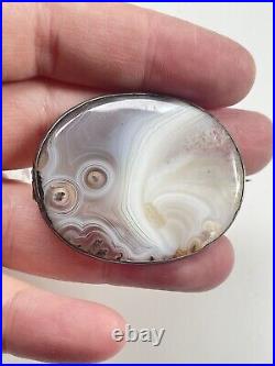 Antique Victorian Sterling Silver Scottish Grey Banded Agate Large Brooch Pin