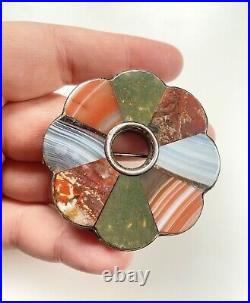 Antique Victorian Sterling Silver Scottish Mixed Agate Large Brooch Pin 2.2