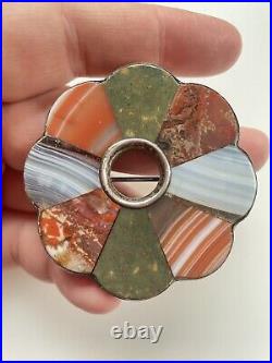 Antique Victorian Sterling Silver Scottish Mixed Agate Large Brooch Pin 2.2
