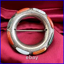 Antique Victorian Sterling Silver Scottish Multi Agate Unisex Large Brooch