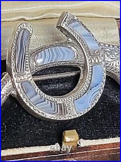 Antique Victorian c1860 Silver Scottish Montrose Agate Hunting Horn Brooch Pin