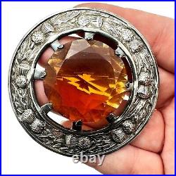 Antique Vintage Scottish Sterling Silver Orange Glass Stone Thistle Kilt Brooch