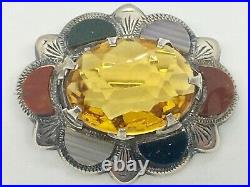 Antique Vintage Sterling Silver Large Citrine & Agate Scottish Brooch