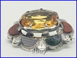 Antique Vintage Sterling Silver Large Citrine & Agate Scottish Brooch