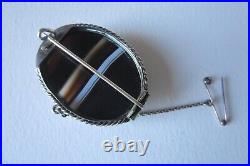 Antique oval Scottish banded agate and silver brooch. C1890s Safety chain