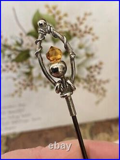 Antique rare sterling silver citrine glass Scottish thistle decoration hat pin