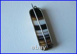 Antique rectangular Scottish banded agate and silver brooch. C1890s