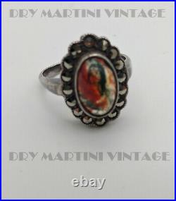 Art Deco Sterling Silver Moss Agate Marcasite Ring Size K Vintage Box Scottish