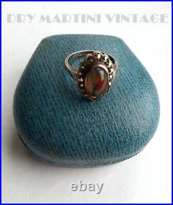 Art Deco Sterling Silver Moss Agate Marcasite Ring Size K Vintage Box Scottish