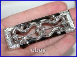 Beautiful Victorian Solid Silver & Banded Agate Ornate Oblong Brooch Scottish