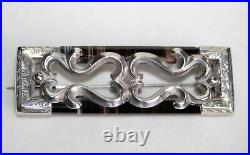 Beautiful Victorian Solid Silver & Banded Agate Ornate Oblong Brooch Scottish