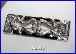 Beautiful Victorian Solid Silver & Banded Agate Ornate Oblong Brooch Scottish