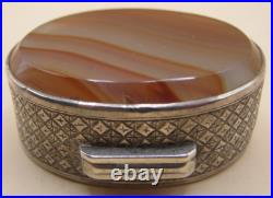 Birmingham 1881 Sterling Silver Snuff Box With Scottish Banded Agate Cover