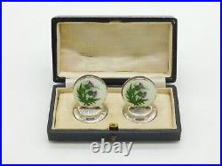 Boxed Sterling Silver Enamel Scottish Thistle Menu Holders 1912 Antique Deco