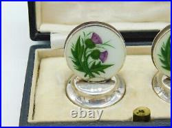 Boxed Sterling Silver Enamel Scottish Thistle Menu Holders 1912 Antique Deco