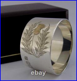 Cased Mint Sterling Silver & Gold Scottish Thistle Napkin Ring 1977