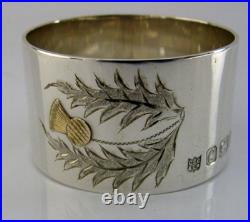 Cased Mint Sterling Silver & Gold Scottish Thistle Napkin Ring 1977