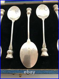 Cased Set Of 6 Scottish Sterling Silver Coffee Spoons With A Thistle Finial