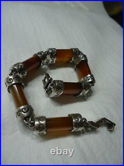 Fabulous Victorian Scottish Cornelian Agate Heavy Ornate Silver Link Bracelet