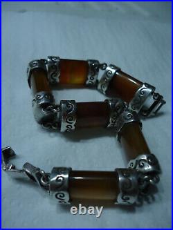 Fabulous Victorian Scottish Cornelian Agate Heavy Ornate Silver Link Bracelet