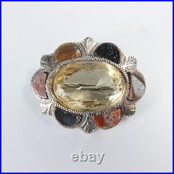 Fine Antique Scottish Silver Pebble Agate Brooch Large Citrine Marked STERLING