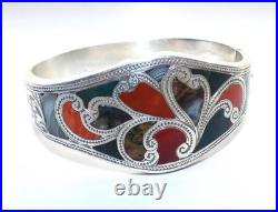 Fine Antique Victorian Silver & Scottish Agate Bangle Bracelet Hinged Cuff