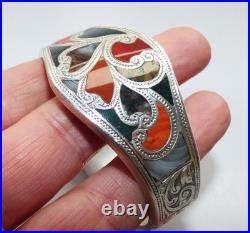 Fine Antique Victorian Silver & Scottish Agate Bangle Bracelet Hinged Cuff