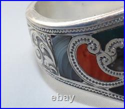 Fine Antique Victorian Silver & Scottish Agate Bangle Bracelet Hinged Cuff