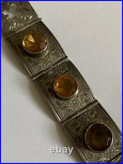 Fine Victorian Sterling Silver & Citrine Scottish Engraved Belt Buckle Bracelet
