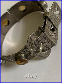 Fine Victorian Sterling Silver & Citrine Scottish Engraved Belt Buckle Bracelet